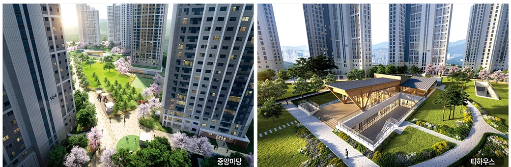 오산 내삼미동 북오산자이 리버블시티 중앙마당과 티하우스 조경 조감도